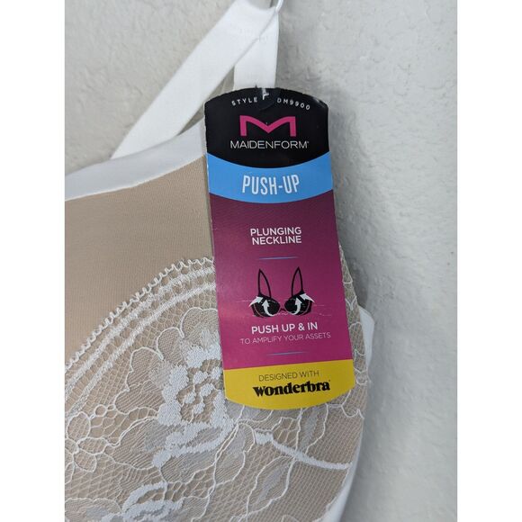 NWT Maidenform Plunging Neckline Push Up Bra Size 40D Beige White Lace DM9900 - Picture 5 of 11